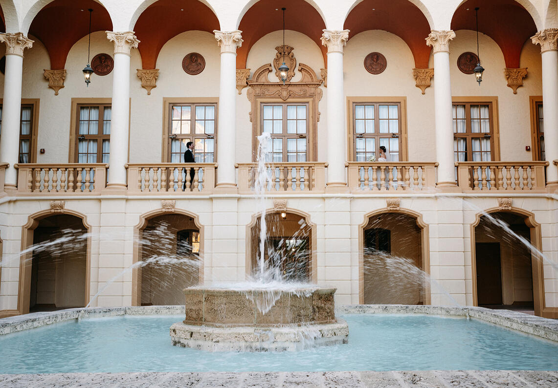 Iconic Biltmore Hotel in Coral Gables Miami with bride & groom during first looks